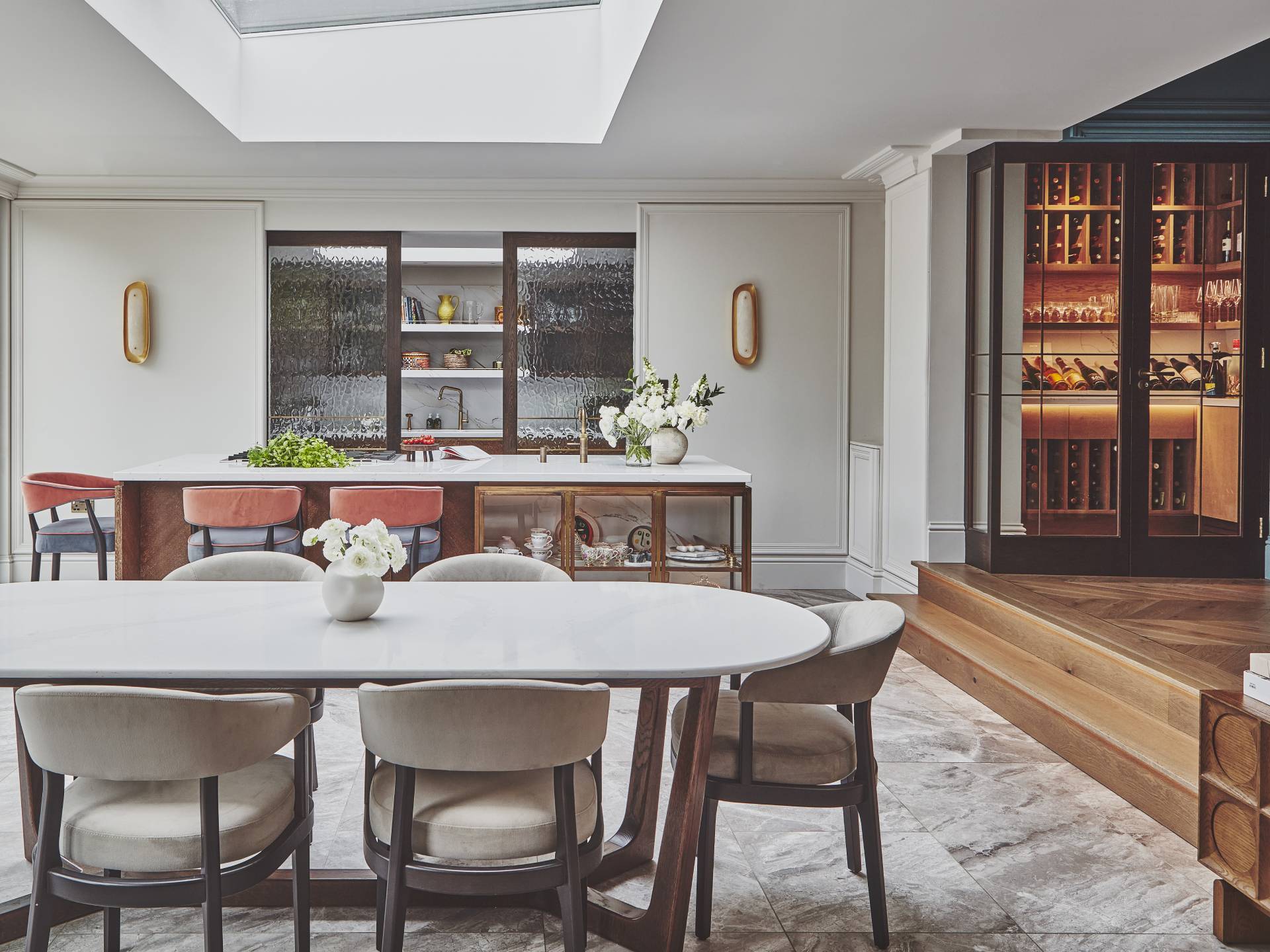 grey dining chairs with white table
