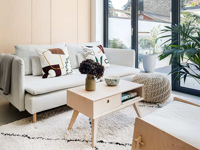 living room, sofa, bi-fold doors