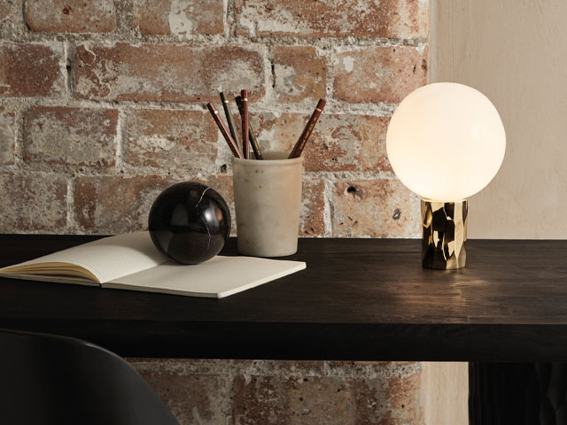 Kyoto brass table lamp with opal glass, £225, Alex Price