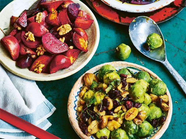 Brussels sprouts recipe with vegan bacon bits from Vegan Christmas by Gaz Oakley -quadrille-kitchen-goodhomesmagazine.com