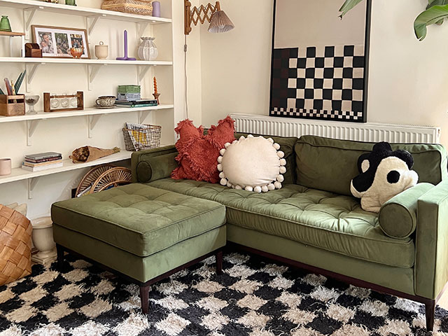 Pair an abstract checked art canvas with a chequerboard rug