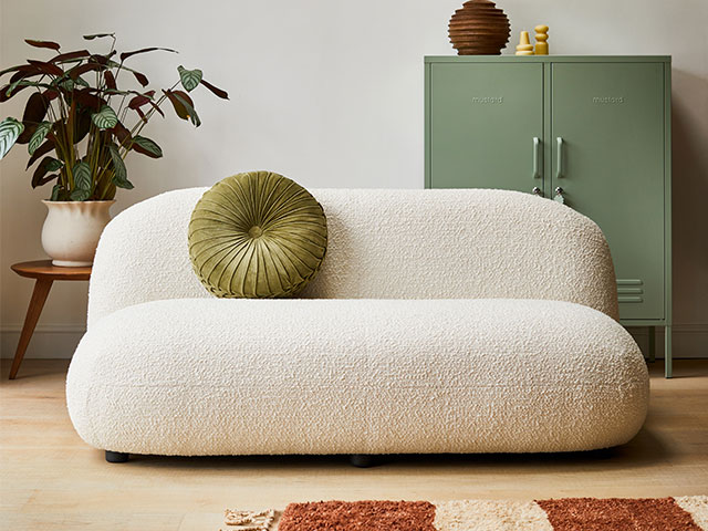 Curved silhouettes in modern boucle keep the look modern.