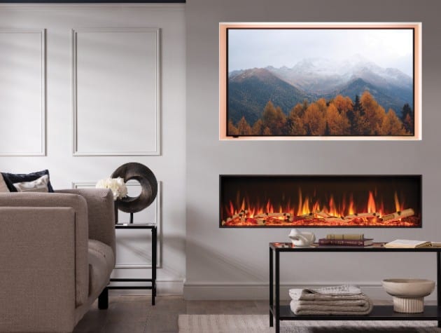 living room with inset fireplace and screen aboveeStudio 135R Birch Log Effect With Optional Mood Lighting Kit