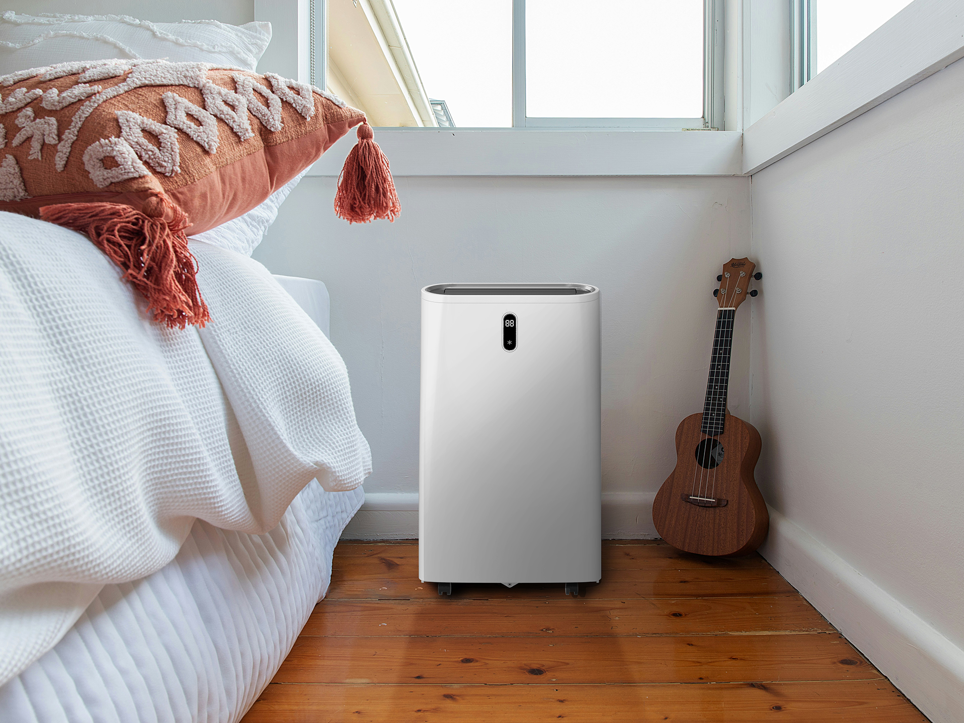 Portable AC purched infront of window and next to bed