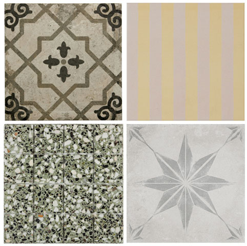four different patterned outdoor tiles on a white background