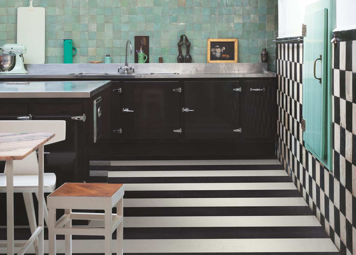 kitchen with black and white stripe floor - inspiration - goodhomesmagazine.com
