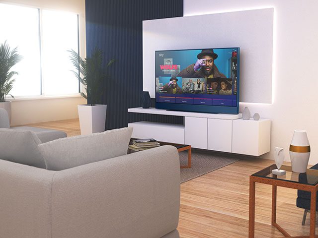 Sky Glass in a contemporary living room with white walls, navy feature wall and grey sofa