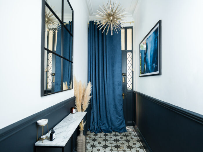 Swift Direct Blinds-Front door blue curtain