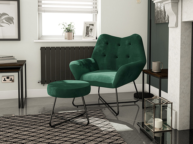 cheap armchair: green velvet effect accent chair and stool from B&Q