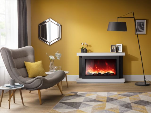 70s inspired living room with a fireplace