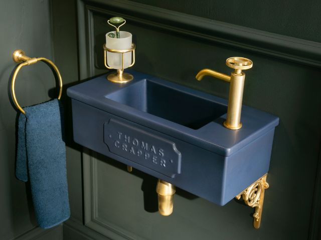 blue sink in downstairs toilet